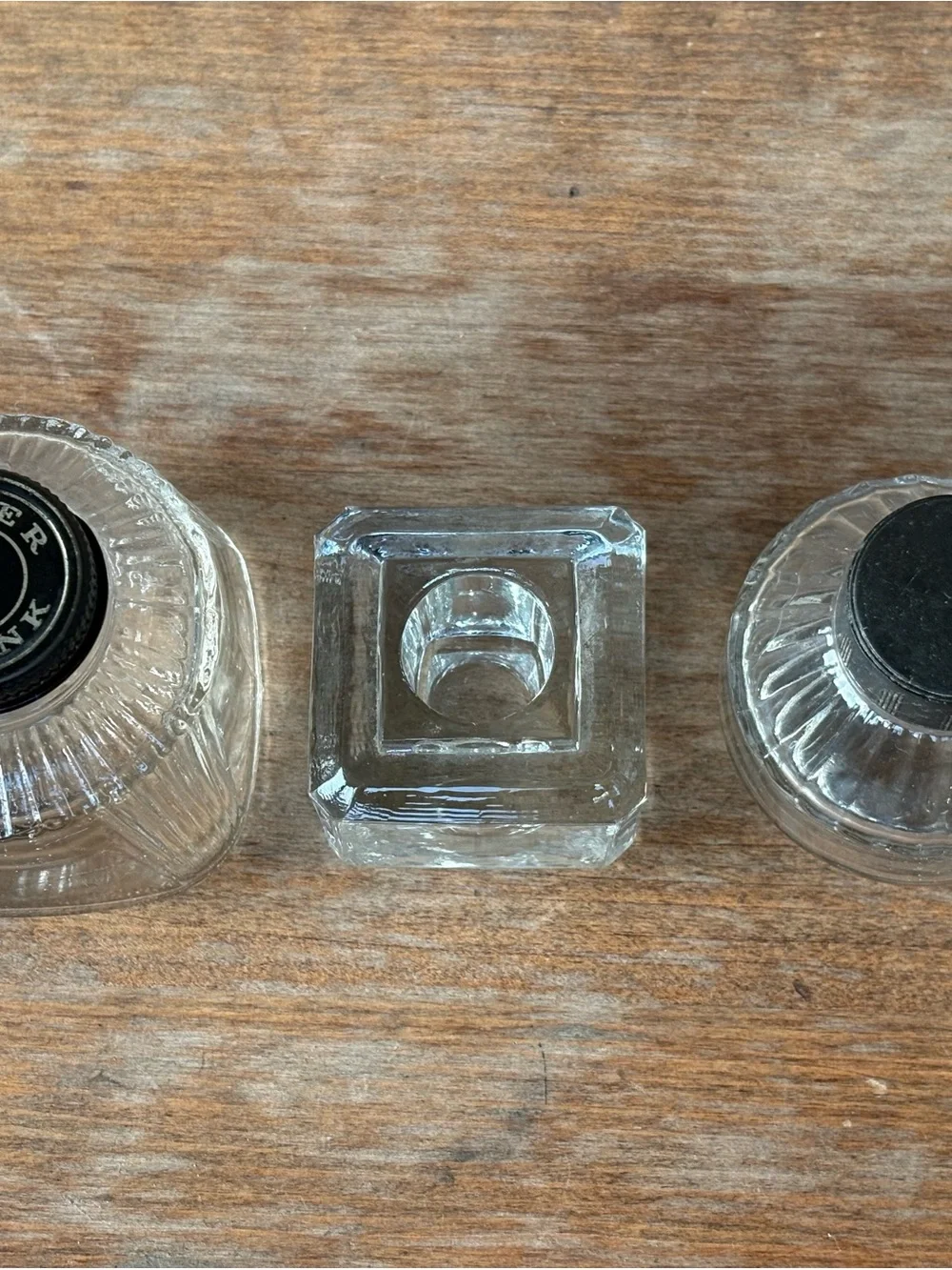 VTG 2 Parker Quink clear glass ink bottles and 1 Art Deco clear glass inkwell